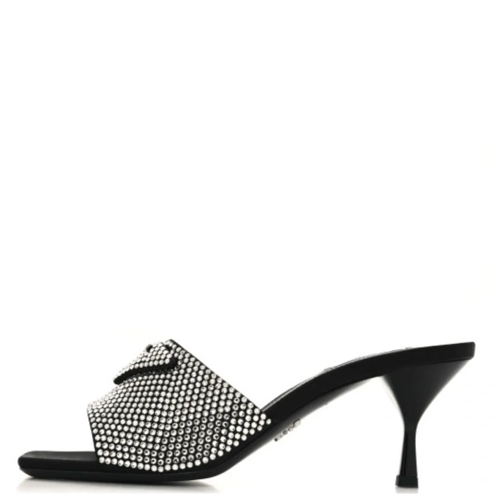 Prada - Satin Crystal Logo 65 mm Slide Sandal- Color: Black- Size: 37.5 - Picture 3 of 11